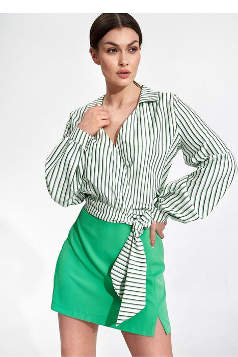 Elegant Sash-Tied Pleated Sleeve Blouse