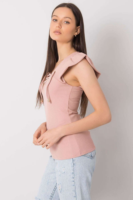 Chic Italian Ribbed Blouse with Stylish Frill and Unique Neckline