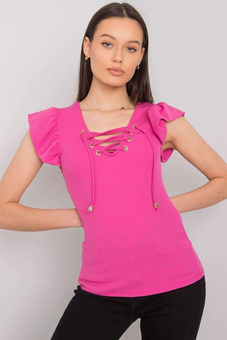 Chic Italian Ribbed Blouse with Stylish Frill and Unique Neckline