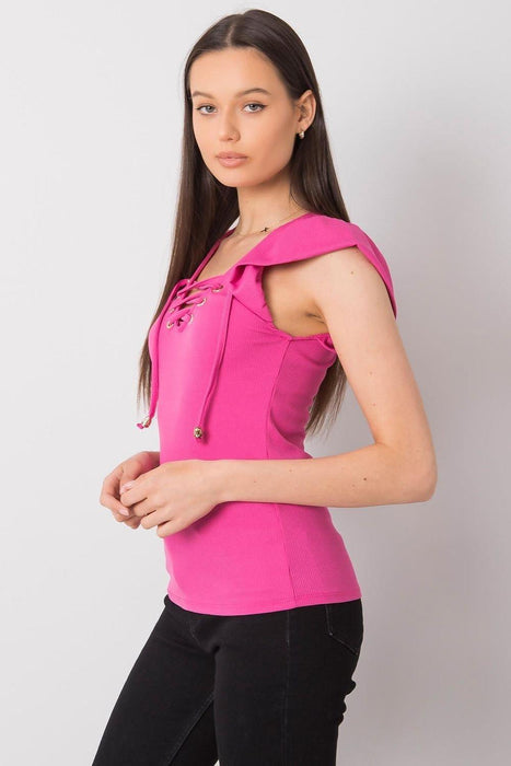 Chic Italian Ribbed Blouse with Stylish Frill and Unique Neckline