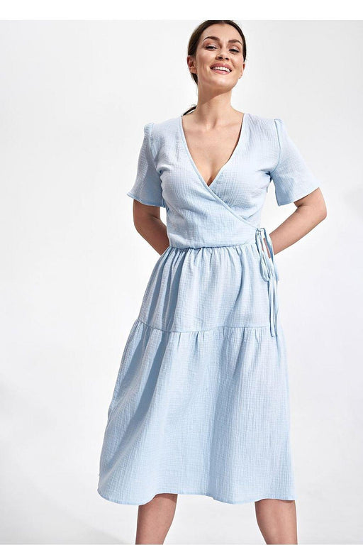 Elegant Flared Midi Envelope Dress with Short Sleeves and Chic Accents