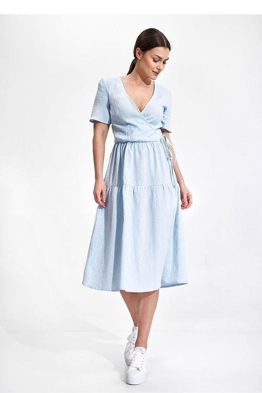 Elegant Flared Midi Envelope Dress with Short Sleeves and Chic Accents