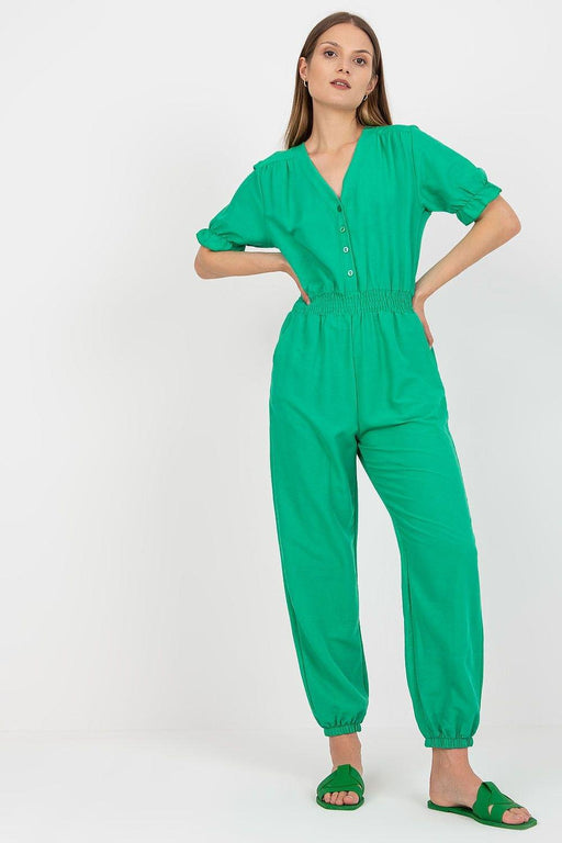 Chic Summer-Ready Parisian Jumpsuit with Frilled Sleeves and Cotton Blend Comfort