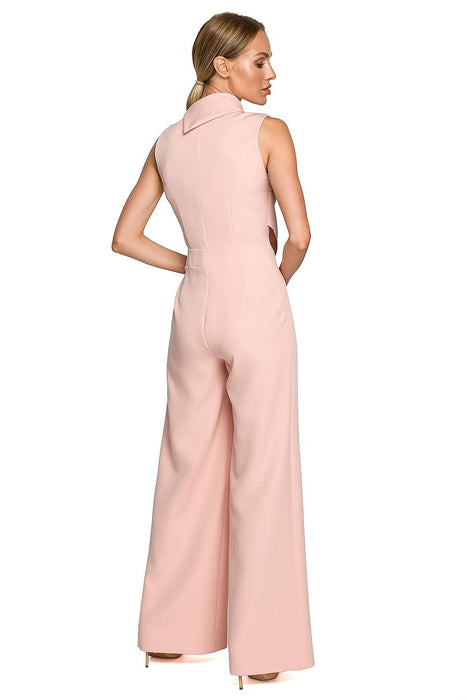 Chic Wide-Leg Jumpsuit with Stylish Roll-Up Collar and Unique Accents