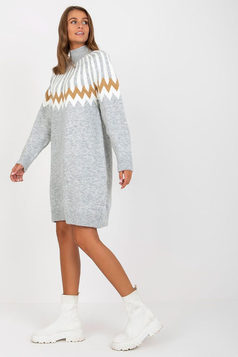 Chic Parisian Geometric Knit Turtleneck Dress