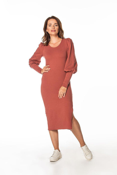 Chic Knit Boatneck Midi Dress with Elegant Buff Sleeves