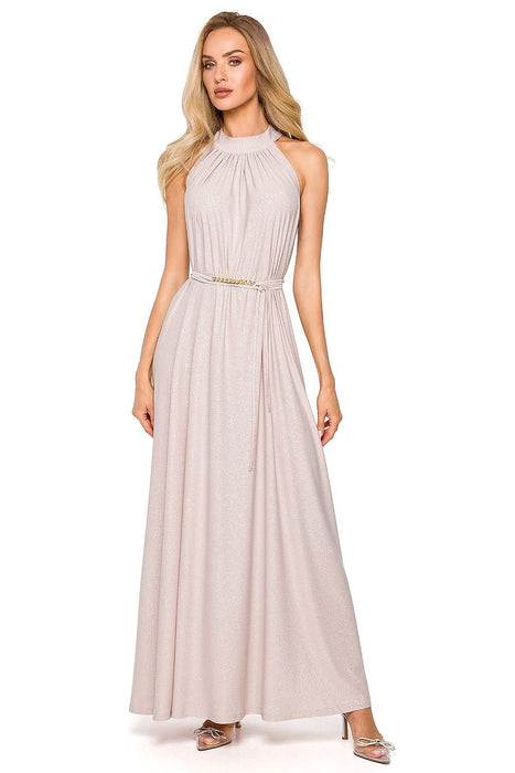 Elegant Brocade Halter Maxi Dress with Adjustable Tie Waist