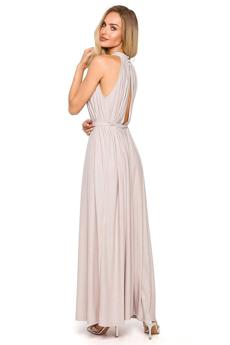 Elegant Brocade Halter Maxi Dress with Adjustable Tie Waist