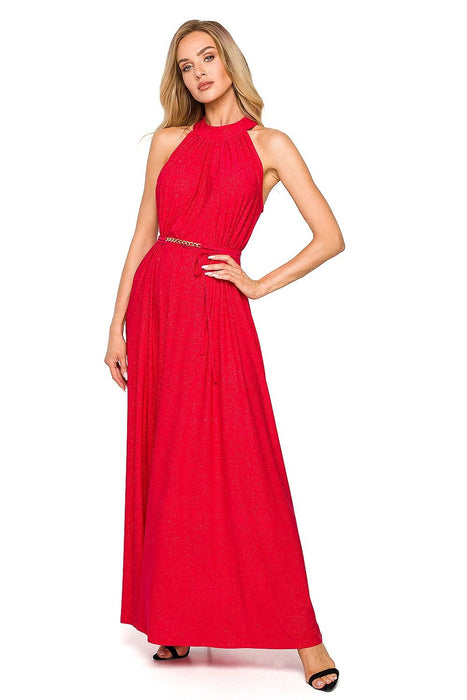 Elegant Brocade Halter Maxi Dress with Adjustable Tie Waist