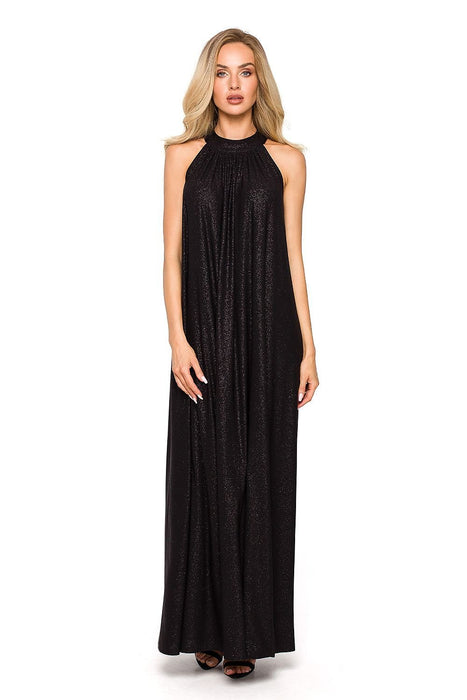 Elegant Brocade Halter Maxi Dress with Adjustable Tie Waist