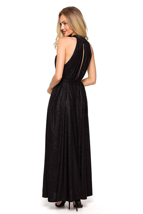 Elegant Brocade Halter Maxi Dress with Adjustable Tie Waist