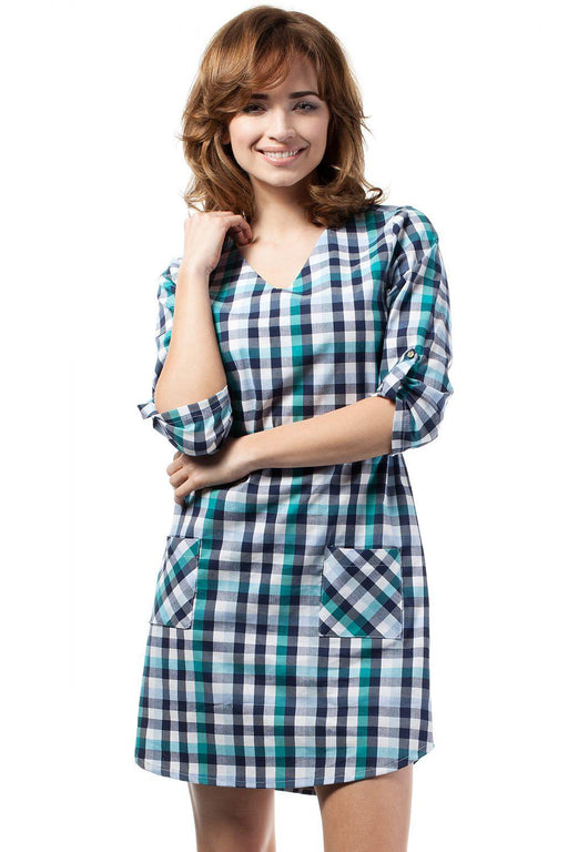 Plaid Heart Neckline Day Dress with Gold Buttons - Model 42511 Moe