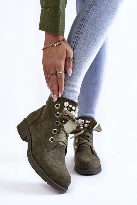 Elegant Women's Eco-Leather Boots with Pearl and Rhinestone Details