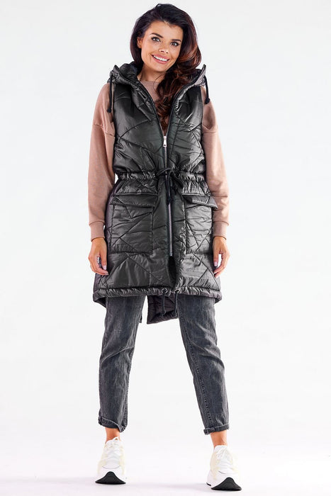 Fall Wardrobe Essential: Quilted Shimmer Hooded Vest with Adjustable Waist - Stylish Layer