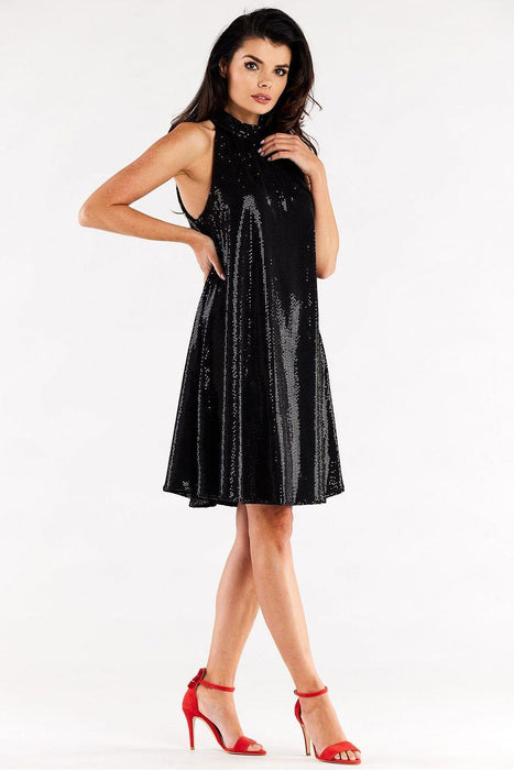 Elegant Ruffled Neck Flare Evening Dress with Cozy Stretch Lining