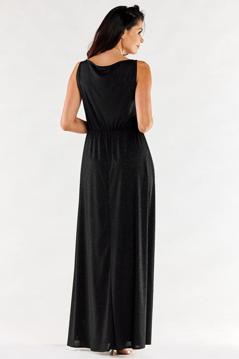 Chic Ruffle Neckline Maxi Gown with Sensational Side Slit - Polish Elegance