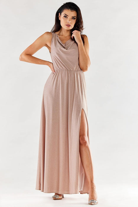 Chic Ruffle Neckline Maxi Gown with Sensational Side Slit - Polish Elegance