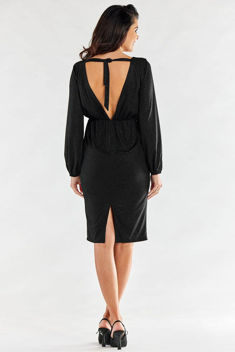 Chic Backless Evening Dress with Stretchy Waist and Stylish Sleeves