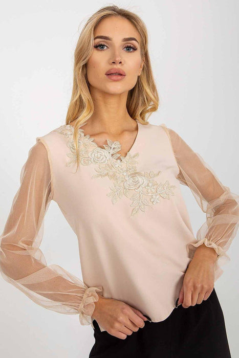 Charming Mesh Sleeve Blouse with Heart-Shaped Neckline