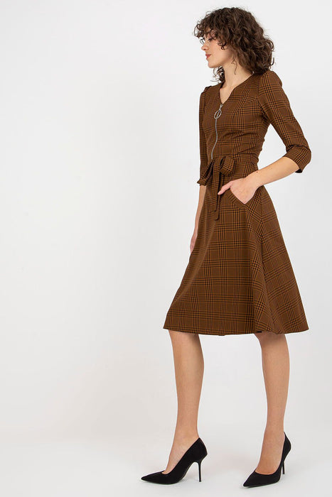 Checkered Zip-Up Dress with Adjustable Waist Tie and Convenient Pockets