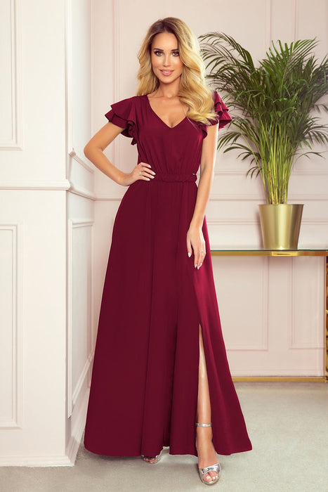 Chic Maroon Frill-Detail Maxi Dress by Numoco