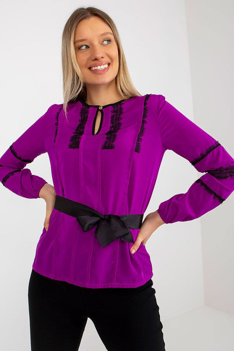 Lace-Accented Dressy Blouse with Cinched Waist Belt