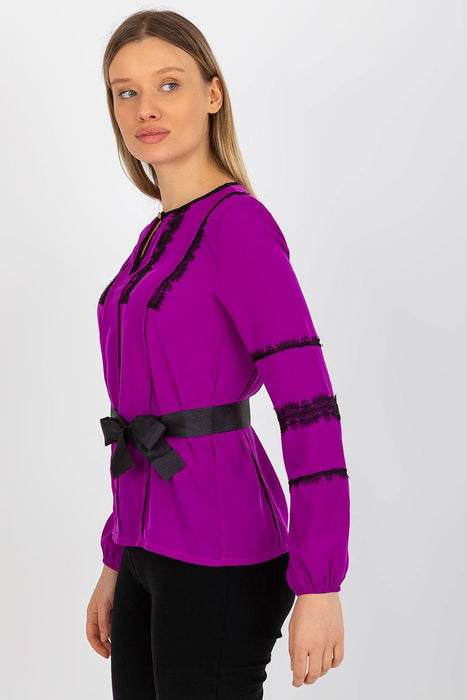 Lace-Accented Dressy Blouse with Cinched Waist Belt