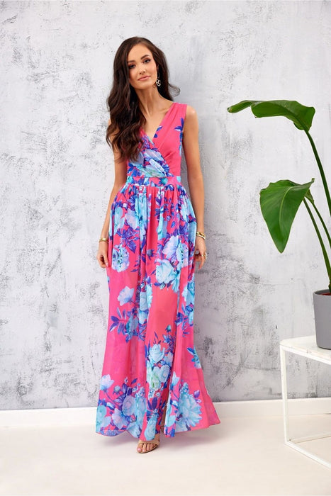 Ethereal Floral Chiffon Maxi Dress with Elegant Envelope Neckline