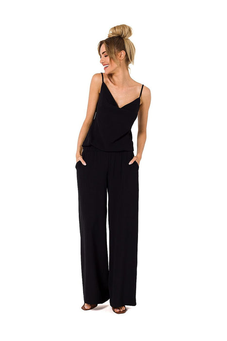 Elegant Draped Neck Jumpsuit with Comfortable Elastic Waist