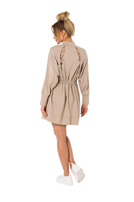 Chic Back Laced Zipper Tunic Dress with Pockets