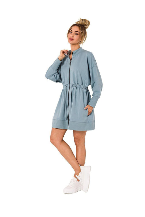 Chic Back Laced Zipper Tunic Dress with Pockets