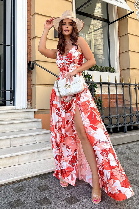 Chic Floral Satin Maxi Dress with Dramatic Leg Slit