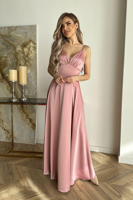 Chic Strappy Satin Evening Gown with Elegant Cut-Out Design and Flowing Skirt