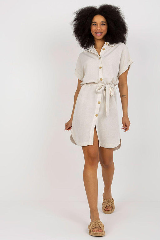 Elegant Belted Linen Midi Dress with Classic Collar