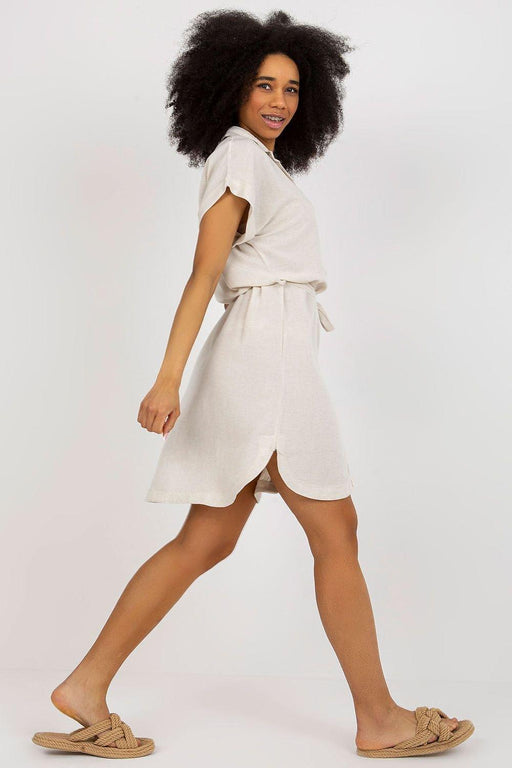 Elegant Belted Linen Midi Dress with Classic Collar