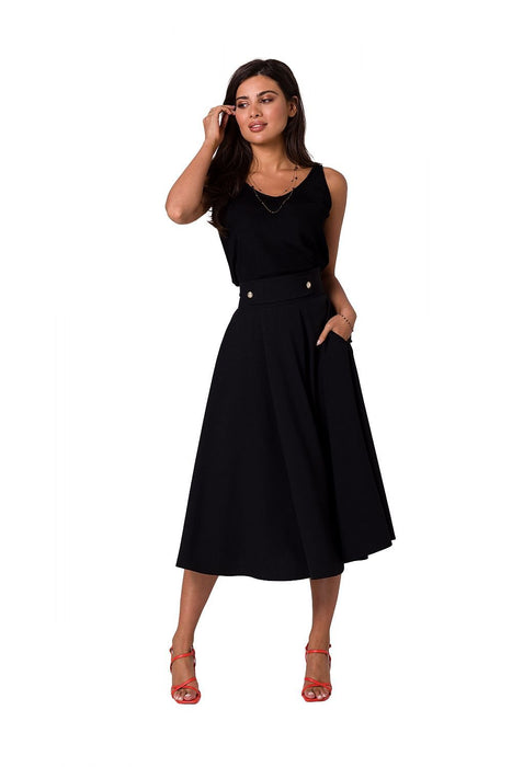 Elegant High-Waisted Flared Midi Skirt with Button Accents