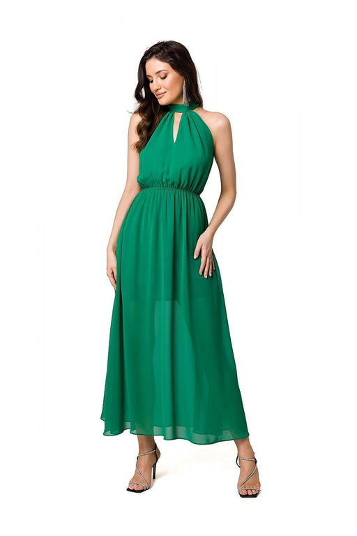 Chic Chiffon Halter Midi Dress with Defined Waist and Stylish Belt