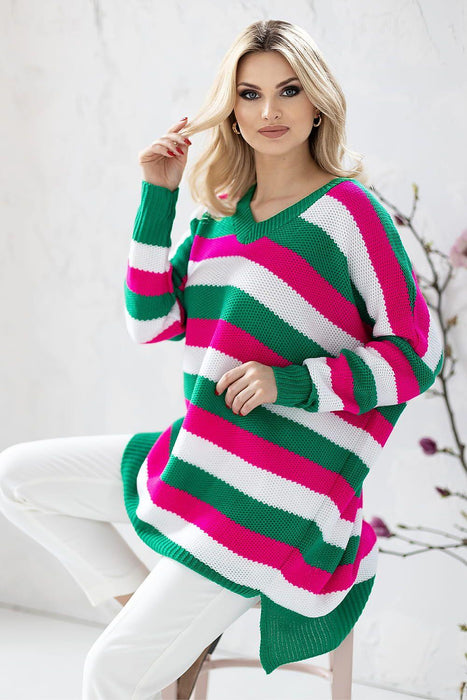 Charming Striped Knit Sweater with Heart Neckline