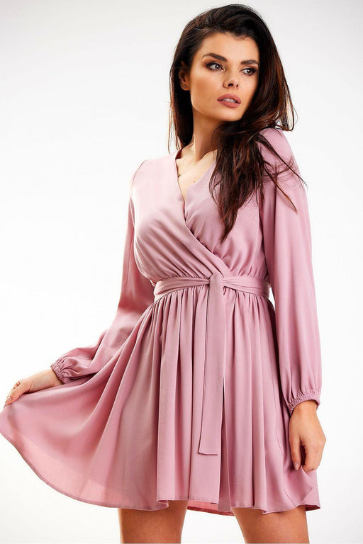 Trendy Belted Long Sleeve Mini Dress with Flexible Waistband