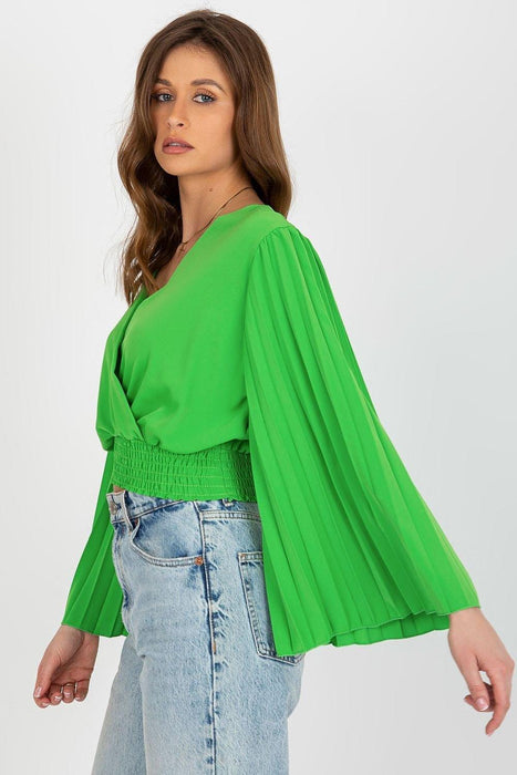 Chic Italian Pleated Sleeve Blouse with Envelope Neckline and Comfortable Elastic Waistband