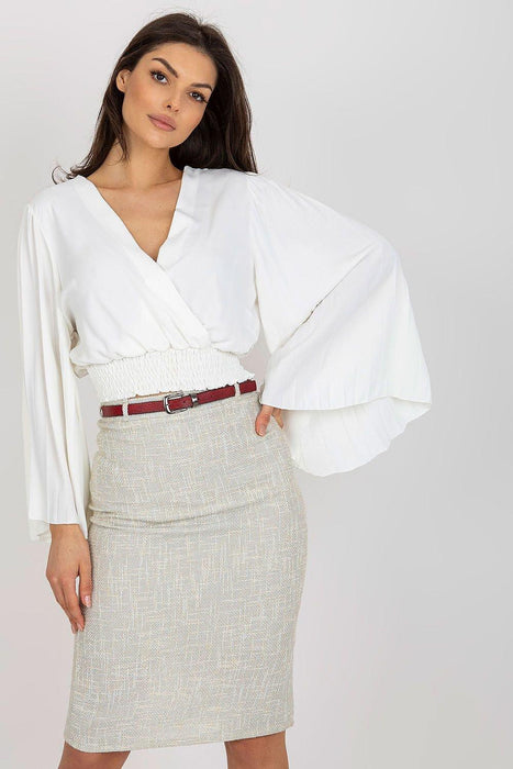 Chic Italian Pleated Sleeve Blouse with Envelope Neckline and Comfortable Elastic Waistband