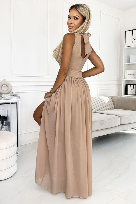 Chic Beige Brocade Maxi Gown with Alluring Side Slit by Numoco