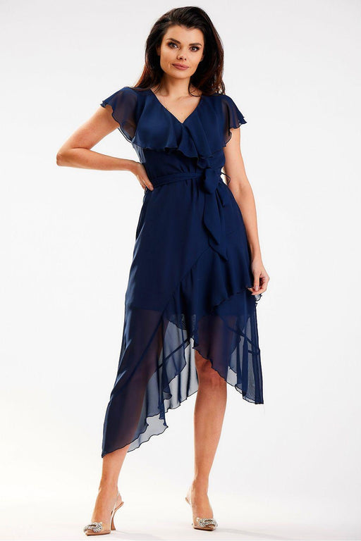 Sophisticated Asymmetrical Ruffle V-Neck Midi Dress