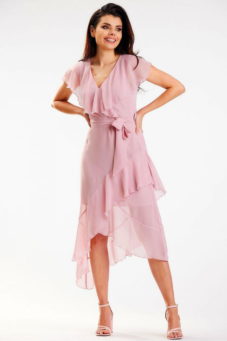 Sophisticated Asymmetrical Ruffle V-Neck Midi Dress