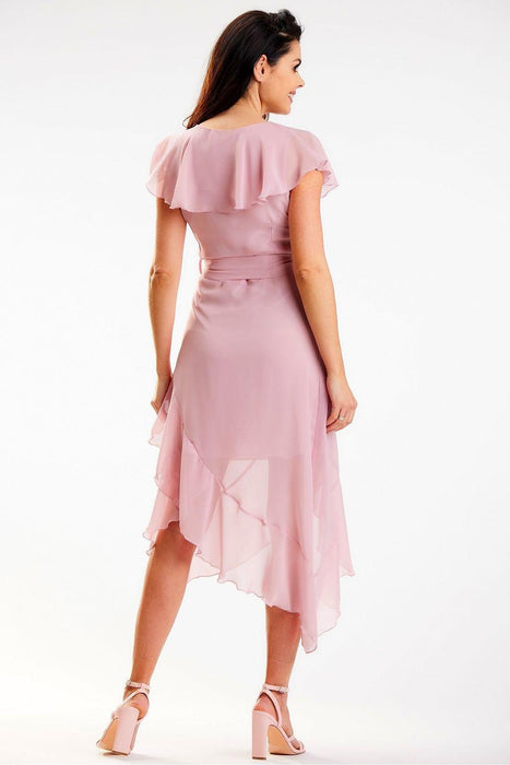 Sophisticated Asymmetrical Ruffle V-Neck Midi Dress