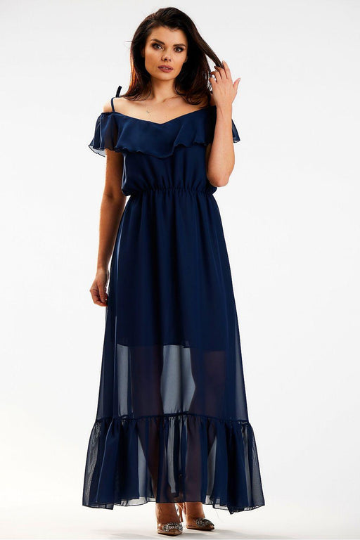 Elegant Spanish Ruffle Chiffon Maxi Dress with Stretchy Waistband