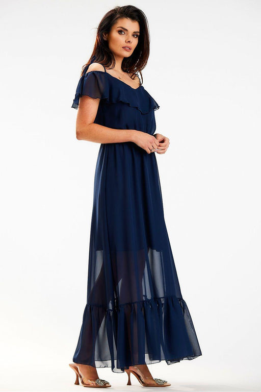 Elegant Spanish Ruffle Chiffon Maxi Dress with Stretchy Waistband