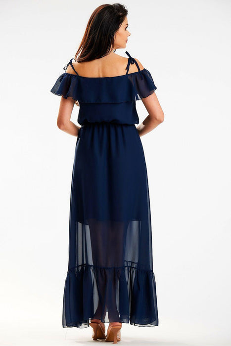 Elegant Spanish Ruffle Chiffon Maxi Dress with Stretchy Waistband