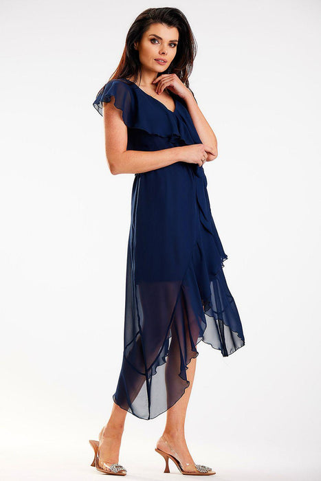 Sophisticated Asymmetrical Ruffle V-Neck Midi Dress