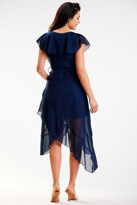 Sophisticated Asymmetrical Ruffle V-Neck Midi Dress